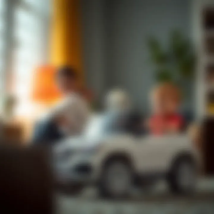 A parent supervising their child while they play with a battery-powered Mercedes car.