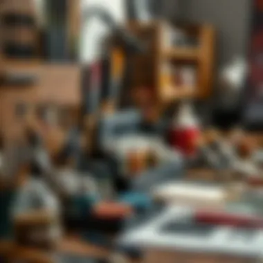 An artist's workspace featuring organized professional paint sets and tools