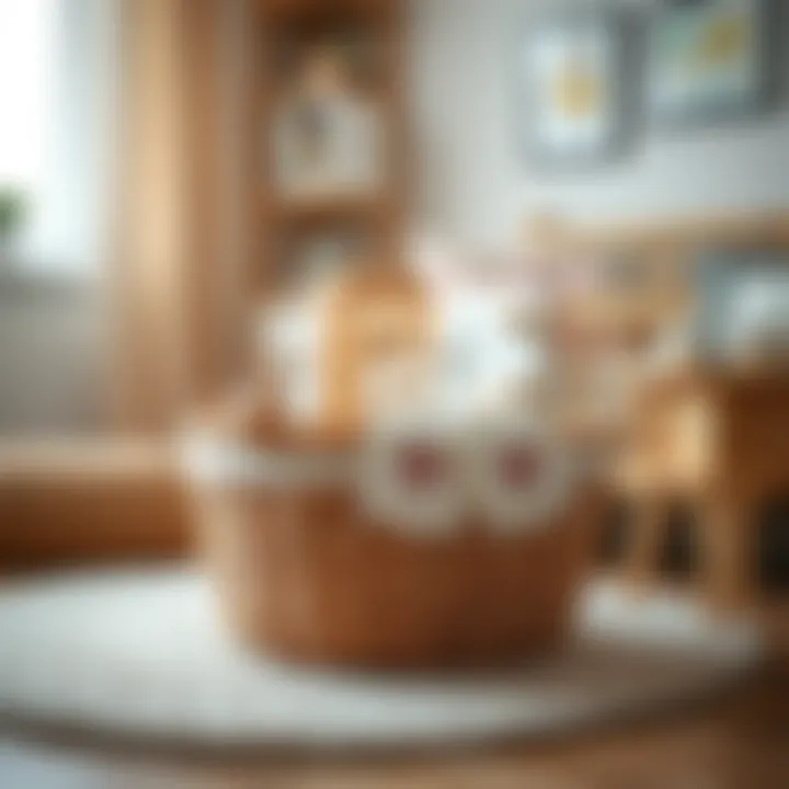 A stylish baby care basket placed in a nursery setting, highlighting its decorative aspect