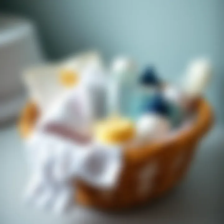 A close-up view of essential baby items such as diapers, wipes, and bottles in a care basket