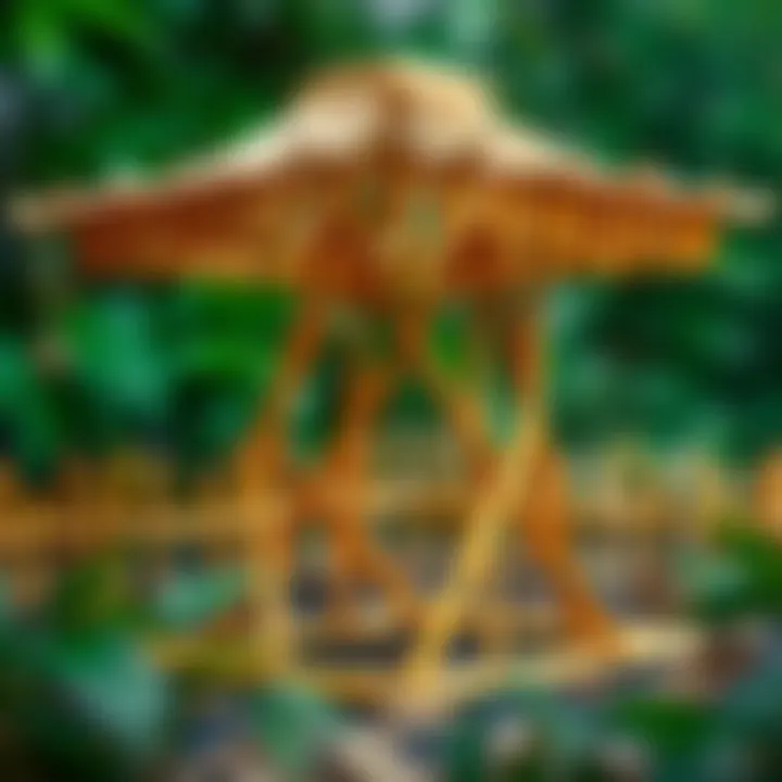 A vibrant structure made from bamboo sticks showcasing geometric patterns.