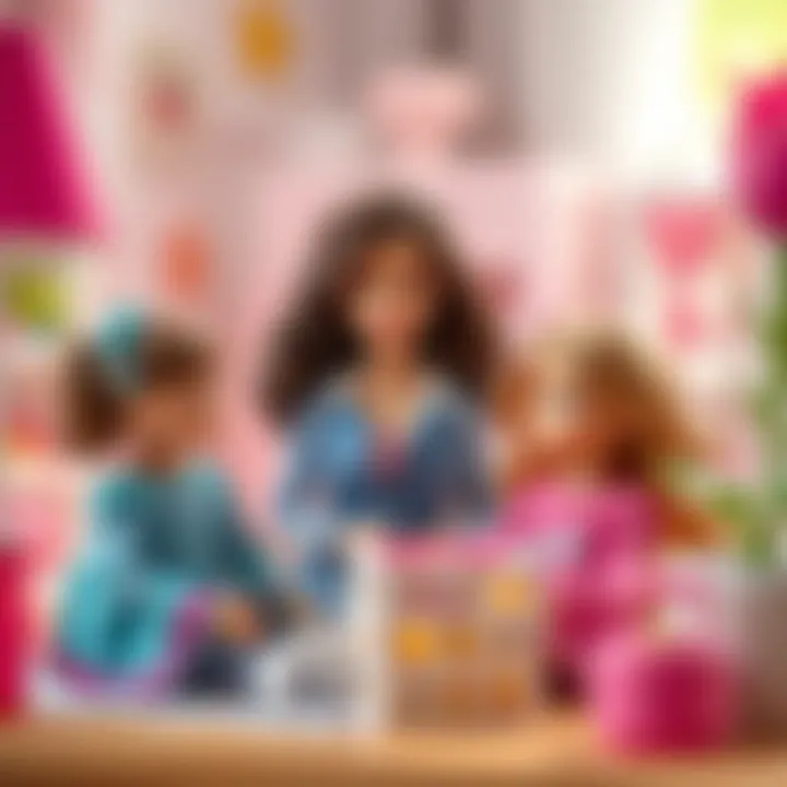 Illustration of children playing creatively with Barbie dolls and outfits.