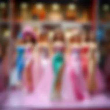 A display of Barbie dresses representing various cultural influences.