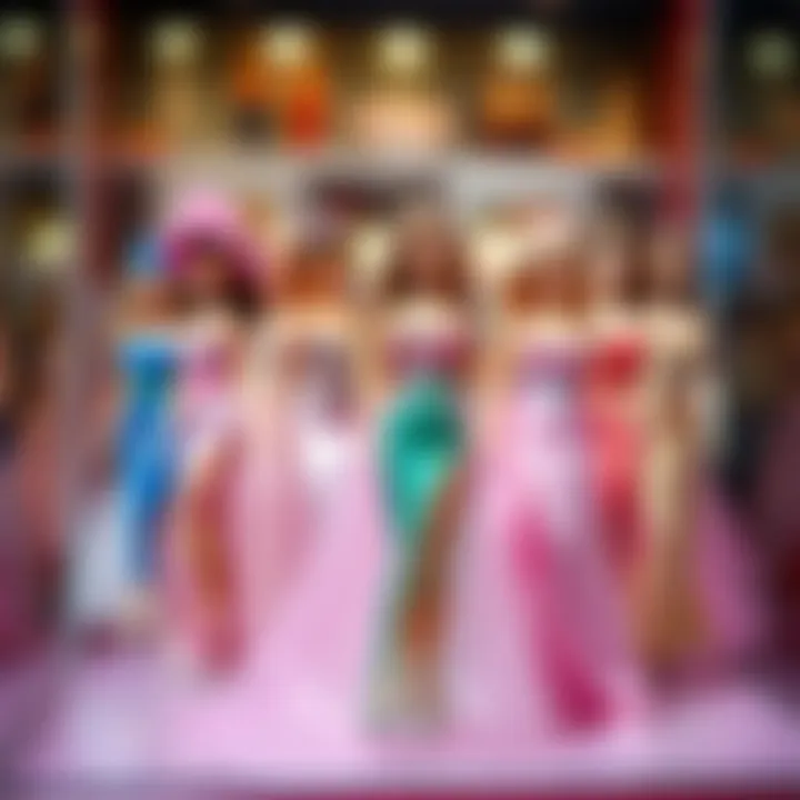 A display of Barbie dresses representing various cultural influences.