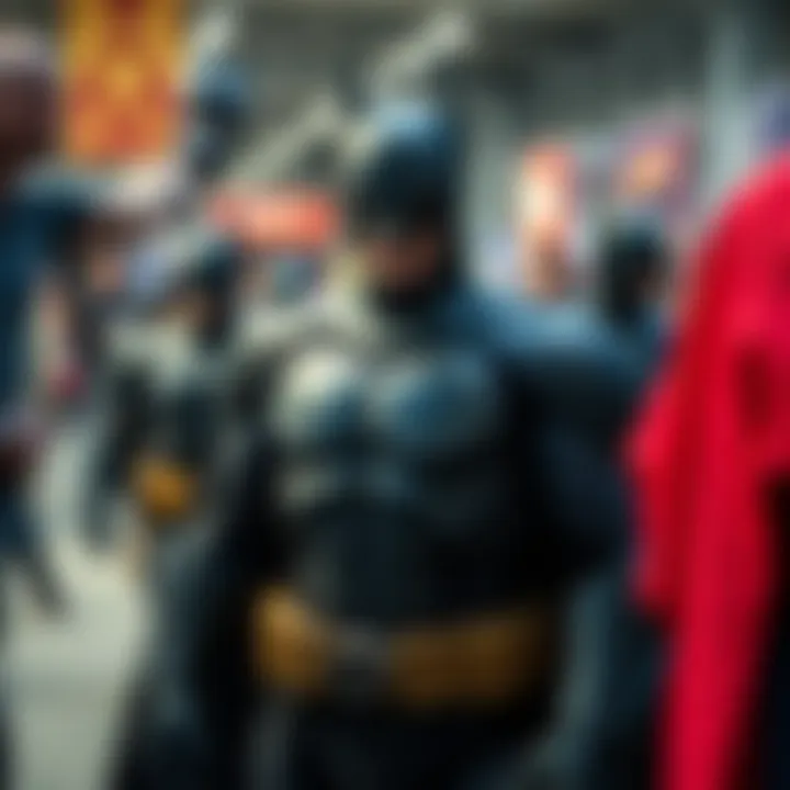 A vivid depiction of a cosplay event featuring various interpretations of the Batman costume.