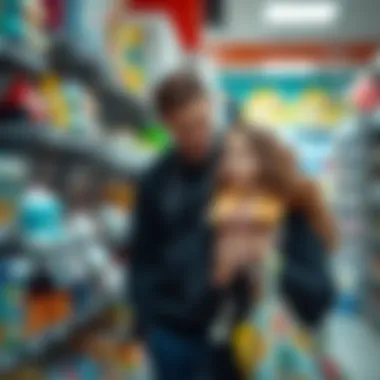 A thoughtful parent selecting baby items from a store