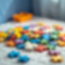 Colorful baby puzzle pieces scattered on a soft surface