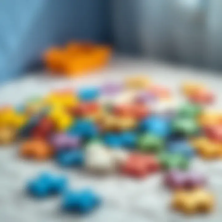 Colorful baby puzzle pieces scattered on a soft surface