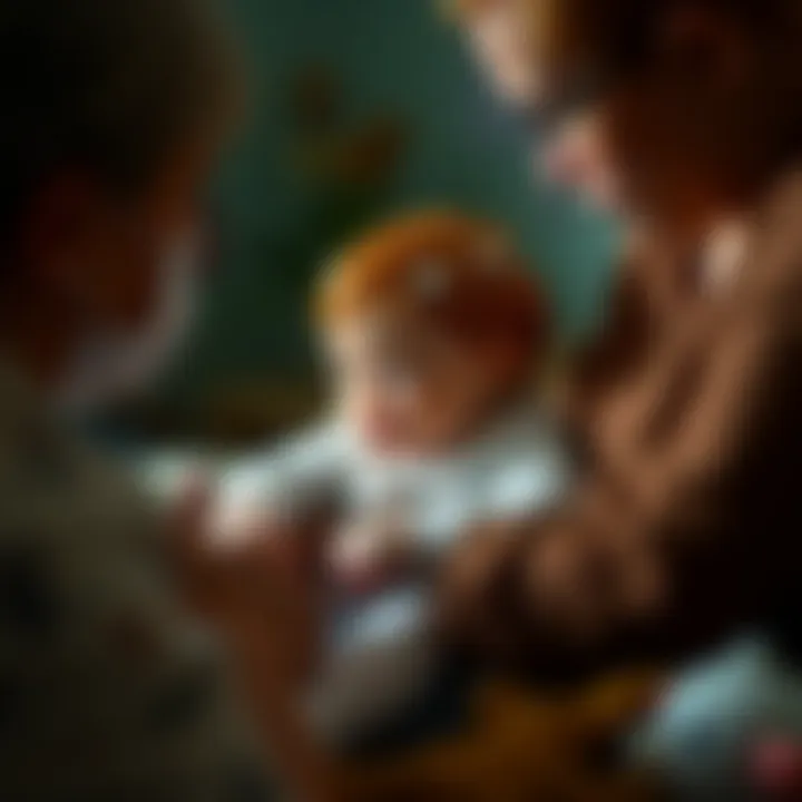 A creative depiction of an infant interacting with caregivers in a nurturing environment.