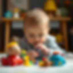 A vibrant illustration of a baby exploring toys designed for cognitive development.