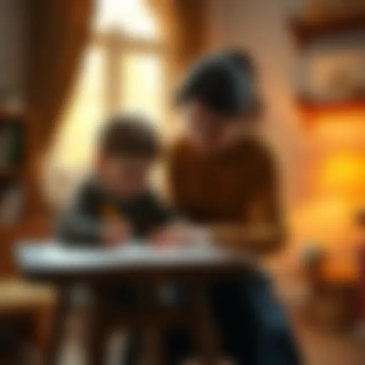 A parent guiding a child using a writing board