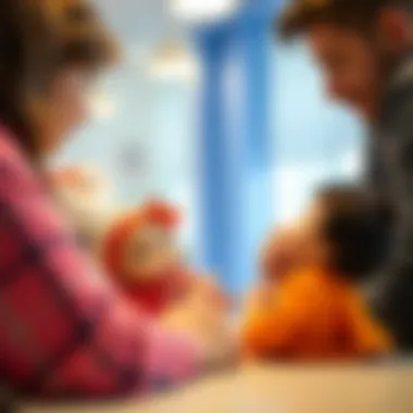 Parents discussing child development benefits while observing Belis dolls