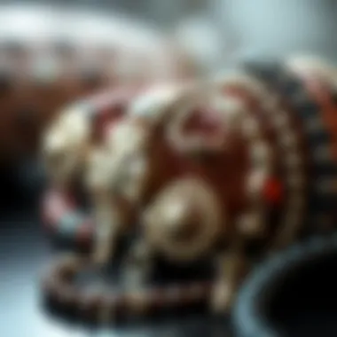 A close-up of intricate bracelet designs