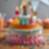 A vibrant and playful birthday cake designed for a three-year-old child, featuring colorful frosting and whimsical decorations.