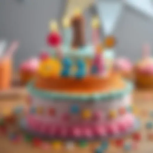 Playful Birthday Cake Design for Kids A vibrant and playful birthday cake designed for a three-year-old child, featuring colorful frosting and whimsical decorations.