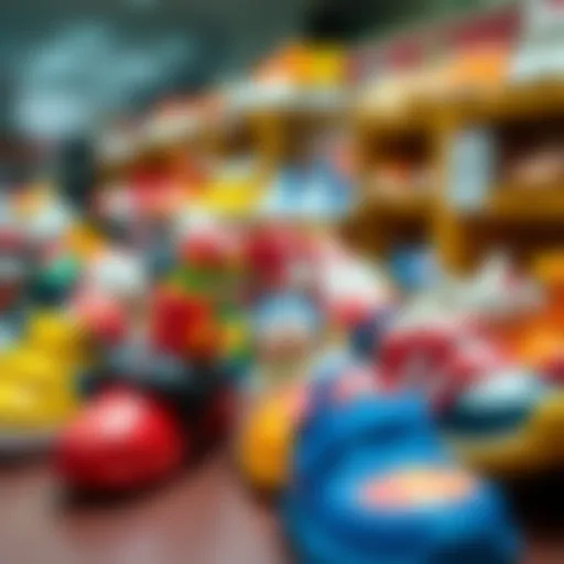 A vibrant collection of character shoes for children, showcasing various designs and colors.