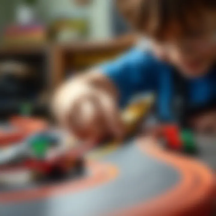 Close-up of a child building a custom Hot Wheels track