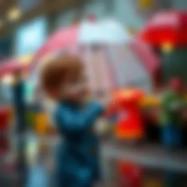 A child happily using a decorative umbrella in the rain.