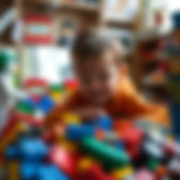 A child engaged in imaginative play with large Lego pieces