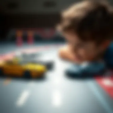 A dynamic image of a child imagining a racing scenario with Mercedes-inspired Hot Wheels cars.