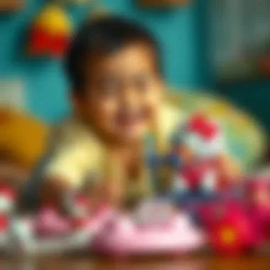 A child playing with Hello Kitty toys