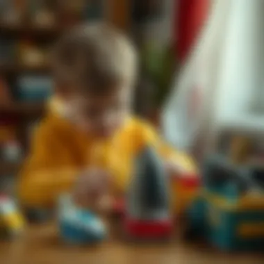 Child engaged in play with toy iron and accessories.