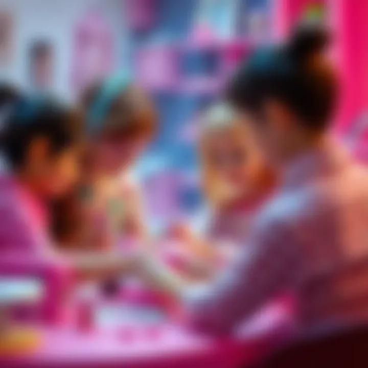 Children engaging with Barbie pink toys, showcasing social interaction.
