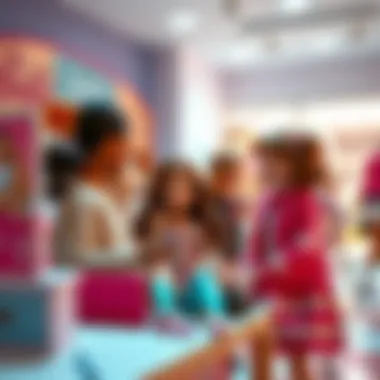 A playful scene of children engaging with Barbie's fashion, emphasizing creativity and imagination