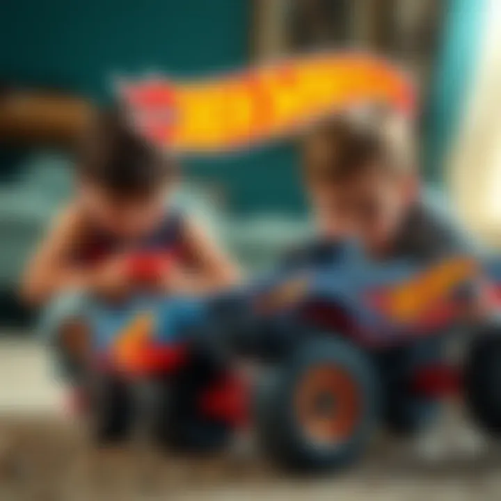 Children playing with Hot Wheels monster trucks, demonstrating creativity and engagement