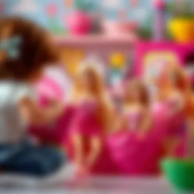 A vibrant illustration depicting children engaging in imaginative play with Barbie dolls.