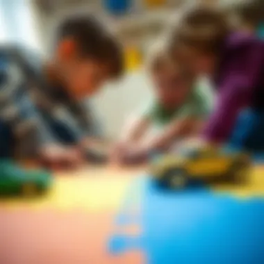 Children engaging in imaginative play with metal cars on a colorful play mat