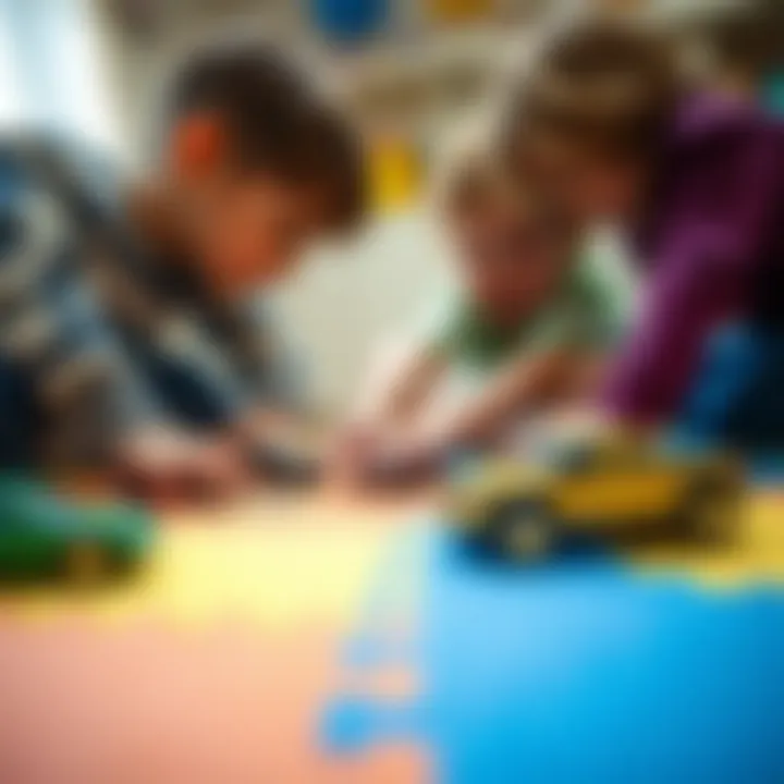Children engaging in imaginative play with metal cars on a colorful play mat