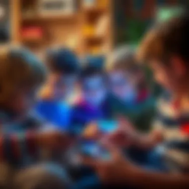 A group of children immersed in playing mobile games, illustrating social interaction and engagement.