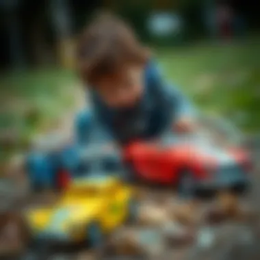 Children playing with metal toy cars outdoors