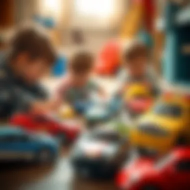 Children engaging in play with toy cars and wheels