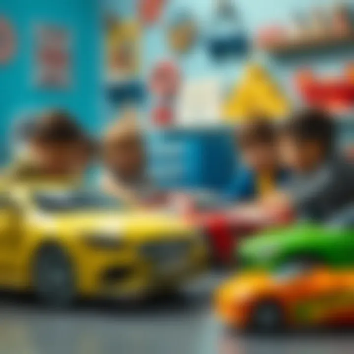 A vibrant scene of children engaging with Hot Wheels cars inspired by Mercedes Benz designs.