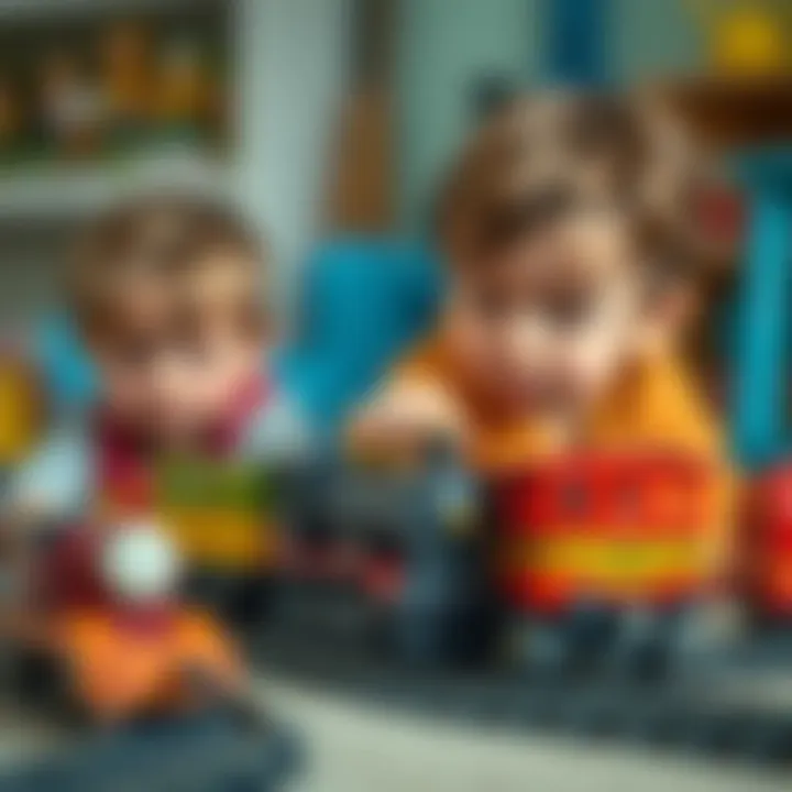 Children playing with train toys