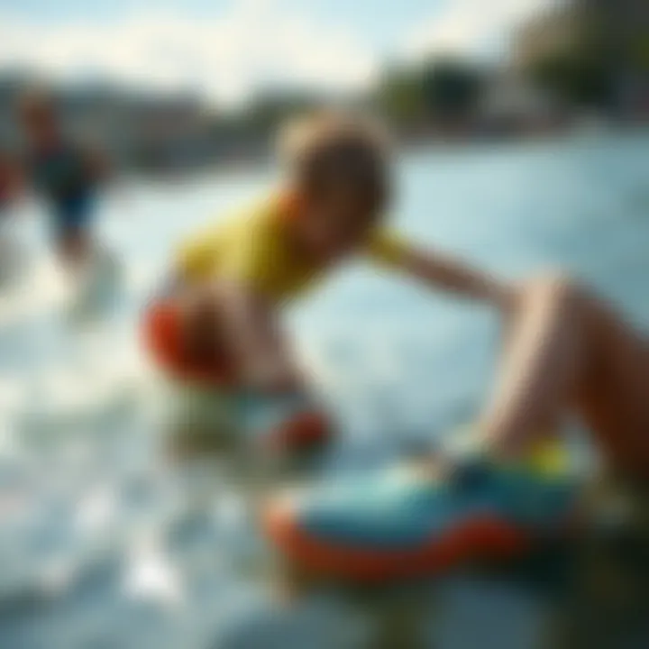 Children enjoying water sports wearing plastic shoes