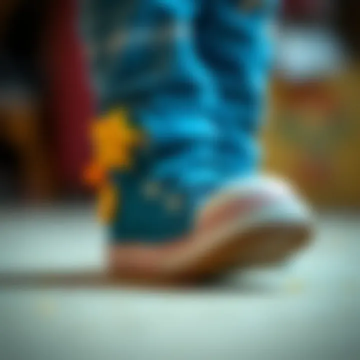 A close-up of a child's feet adorned with themed character shoes, highlighting creativity.