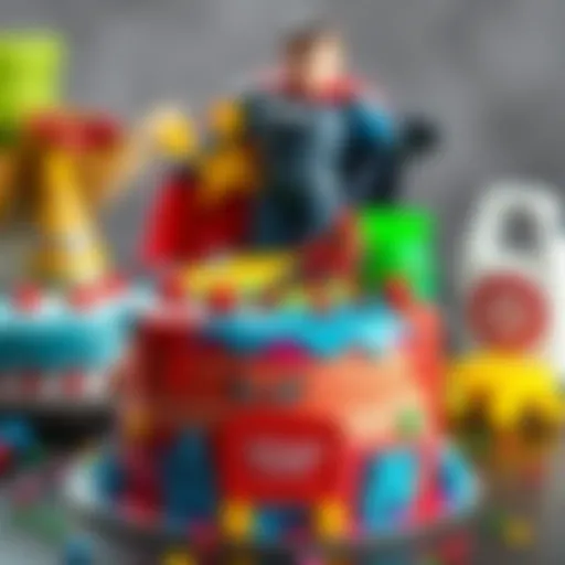 Colorful superhero themed birthday cake with decorations