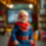 A playful toddler dressed in a superhero costume