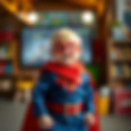 A playful toddler dressed in a superhero costume