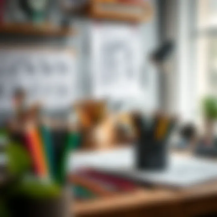 A designer’s workspace showcasing colored pencils and sketches