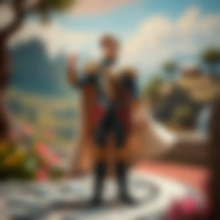 An elegant illustration of a Disney prince standing heroically, embodying virtues of bravery and kindness in a fantastical landscape.