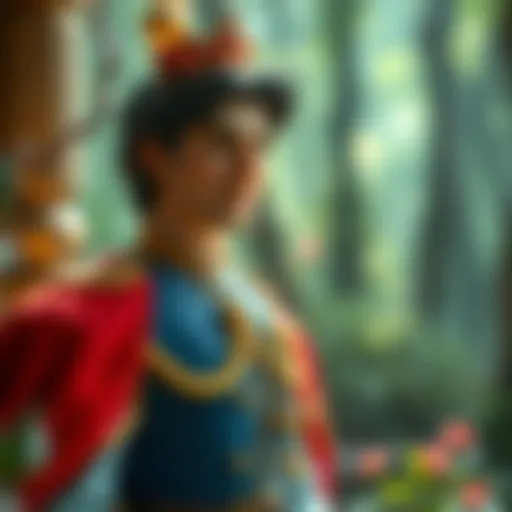 A captivating illustration of a Disney prince in a magical forest setting, showcasing his regal attire and charming personality.