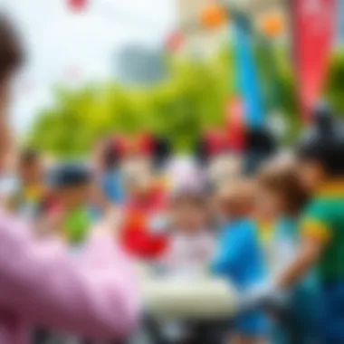 A vibrant scene showcasing children interacting with Disney characters during a community event.