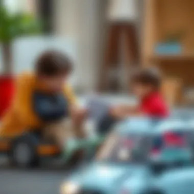 A parent discussing features of Dolu brand electric cars with a child