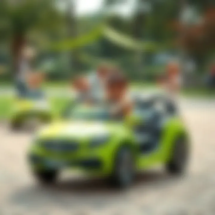 A group of children playing with Dolu brand electric cars in a park