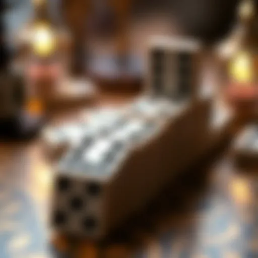 A close-up view of a beautifully crafted domino set showcasing intricate designs.
