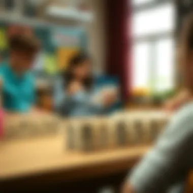 An educational setting where a teacher guides children through domino game rules.